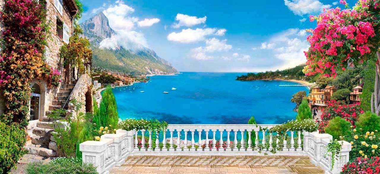 Фотообои в интерьере вид с балкона на морской пейзаж  11-080 фото