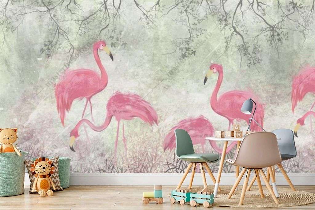 Фотообои в интерьере красивые фламинго в саду  9-1699 фото