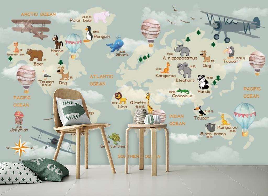 Фотообои в интерьере карта мира с животными и самолетами  15-315 фото