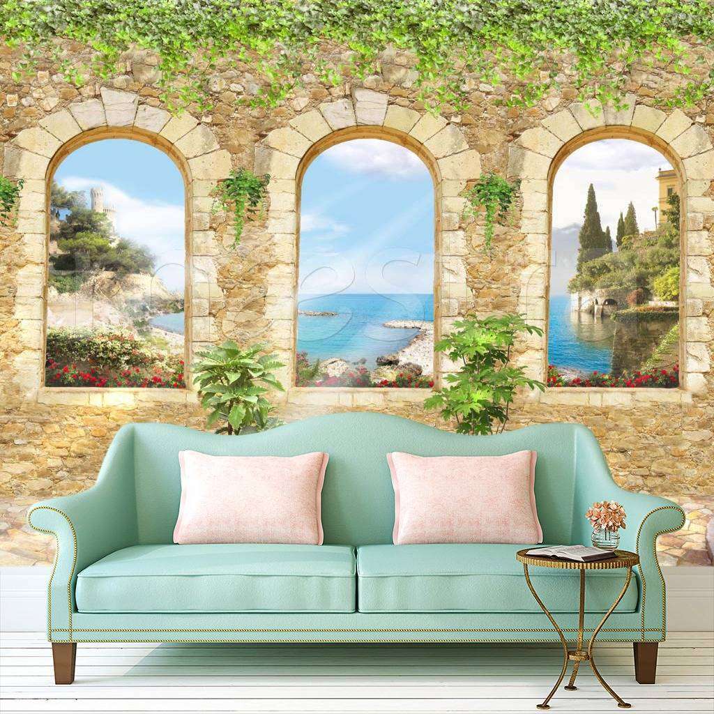 Фотообои в интерьере вид на залив через окна  2-006 фото