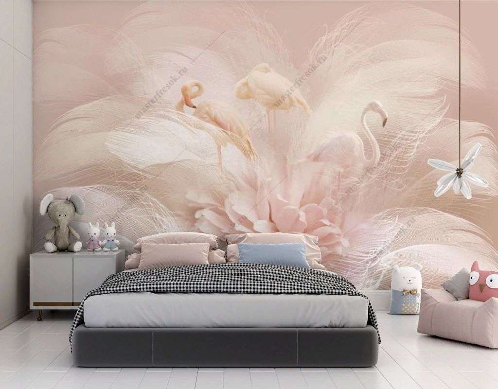 Фотообои в интерьере фламинго в пионах  13-580 фото