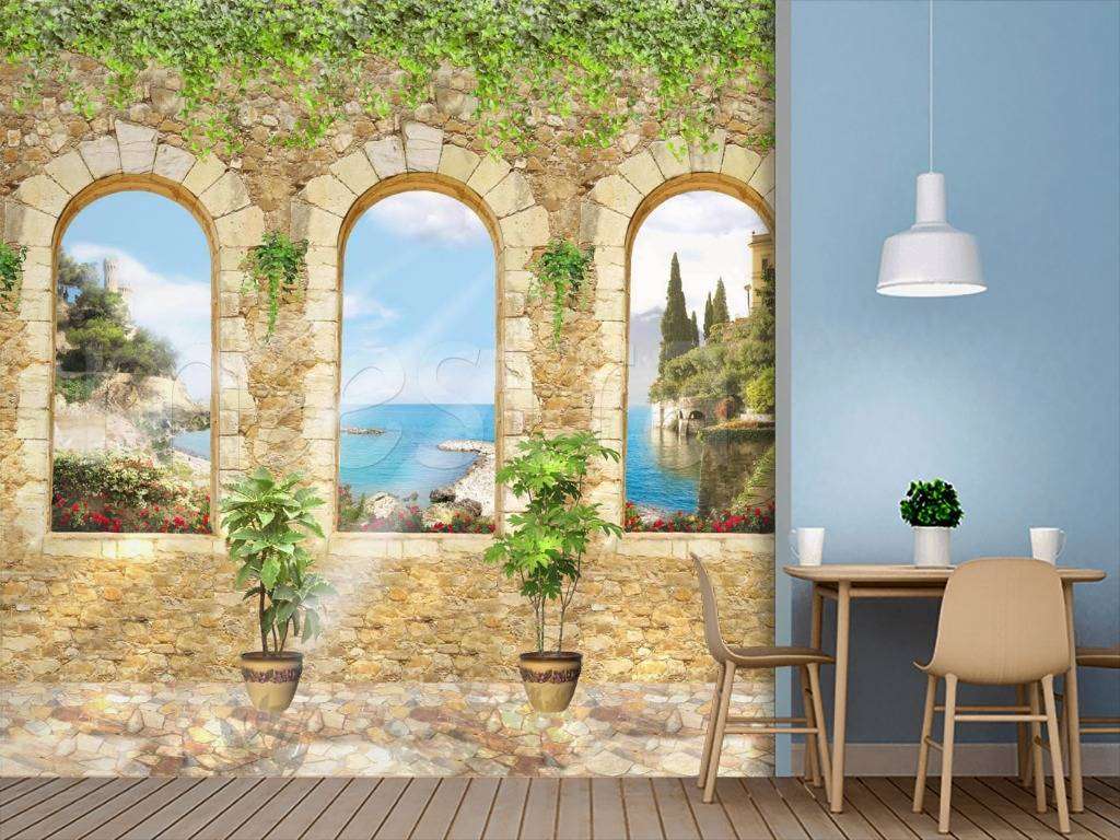 Фотообои в интерьере вид на залив через окна  2-006 фото