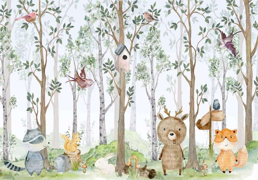 Фотообои в интерьере лесные животные акварелью  12-1313 фото