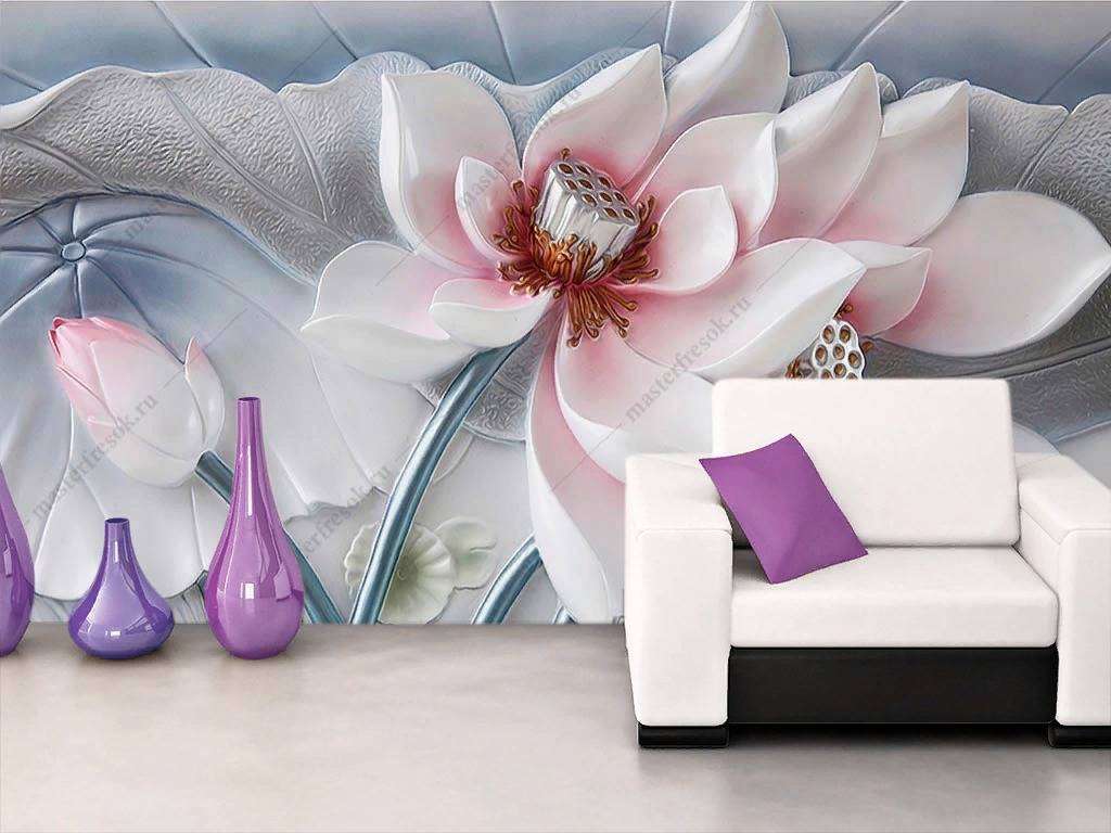 Фотообои в интерьере 3д объемный бело-розовый цветок  10-846 фото