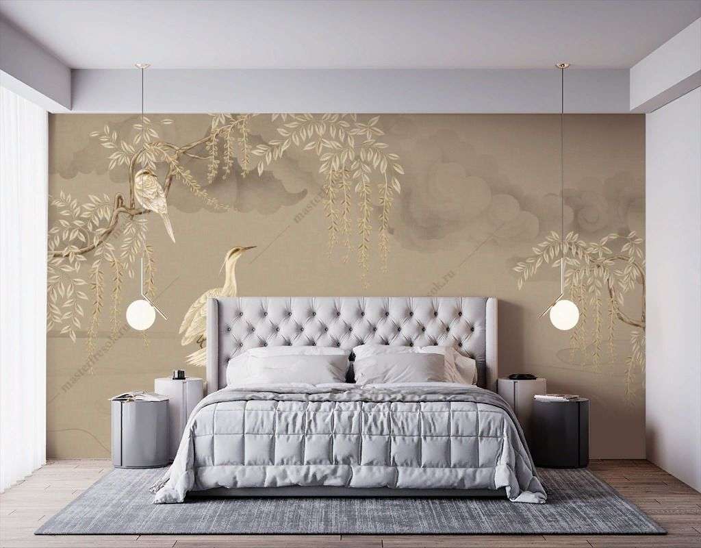 Фотообои в интерьере золотые журавли  9-1691 фото