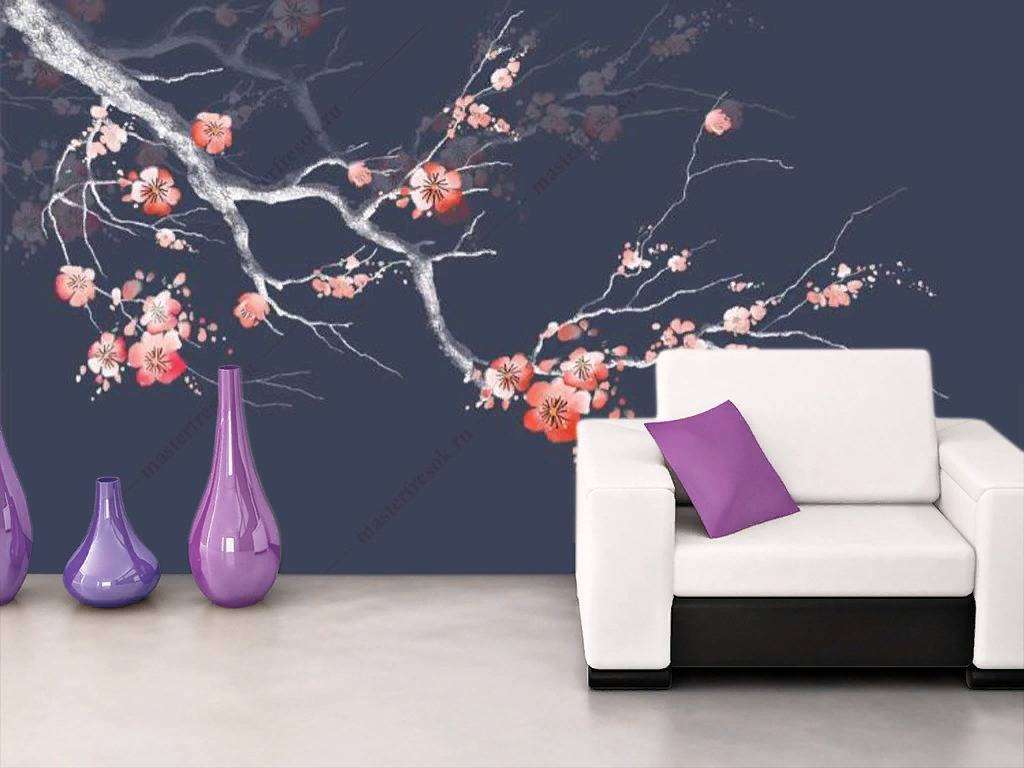 Фотообои в интерьере цветущая сакура  15-967 фото