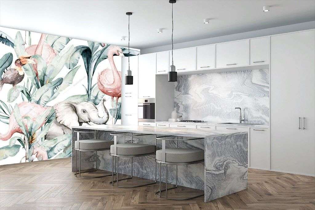 Фотообои в интерьере животные в тропических листьях  14-201 фото