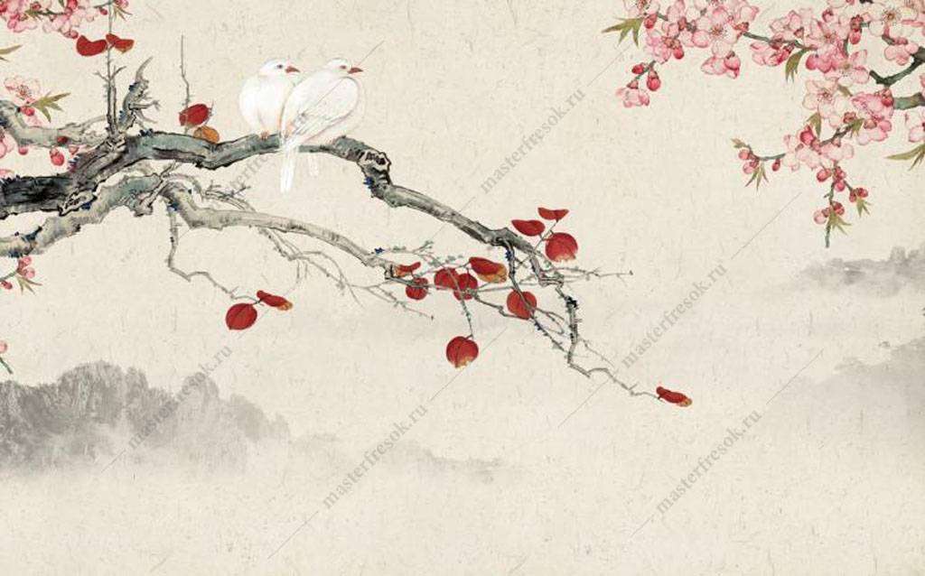 Фотообои в интерьере белые птицы на ветке  15-935 фото