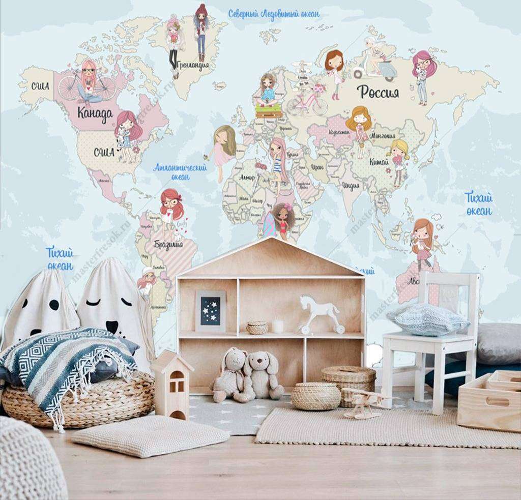 Фотообои в интерьере карта с девочками  12-994 фото