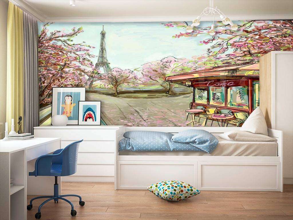 Фотообои в интерьере улочка в париже с видом на эйфелеву башню карандашами  9-774 фото