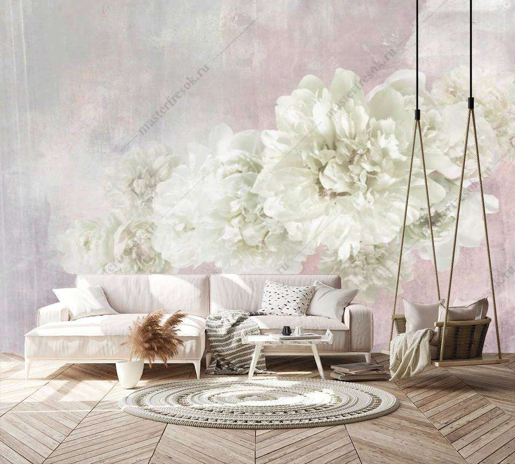 Фотообои в интерьере пионы айвори  14-127 фото