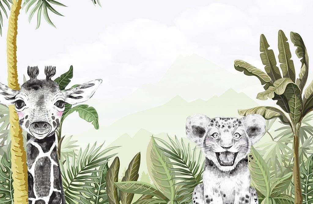 Фотообои в интерьере жираф и тигренок  14-431 фото