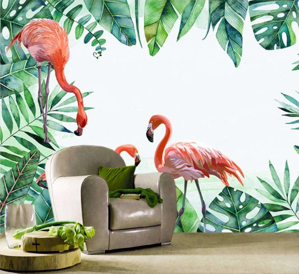 Фотообои в интерьере фламинго в папоротнике  15-544 фото