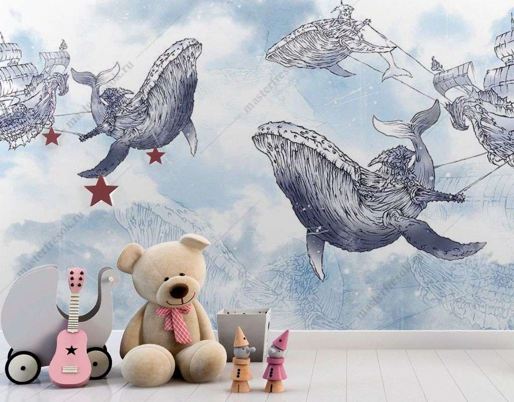 Фотообои в интерьере большие киты в небе  9-1700 фото
