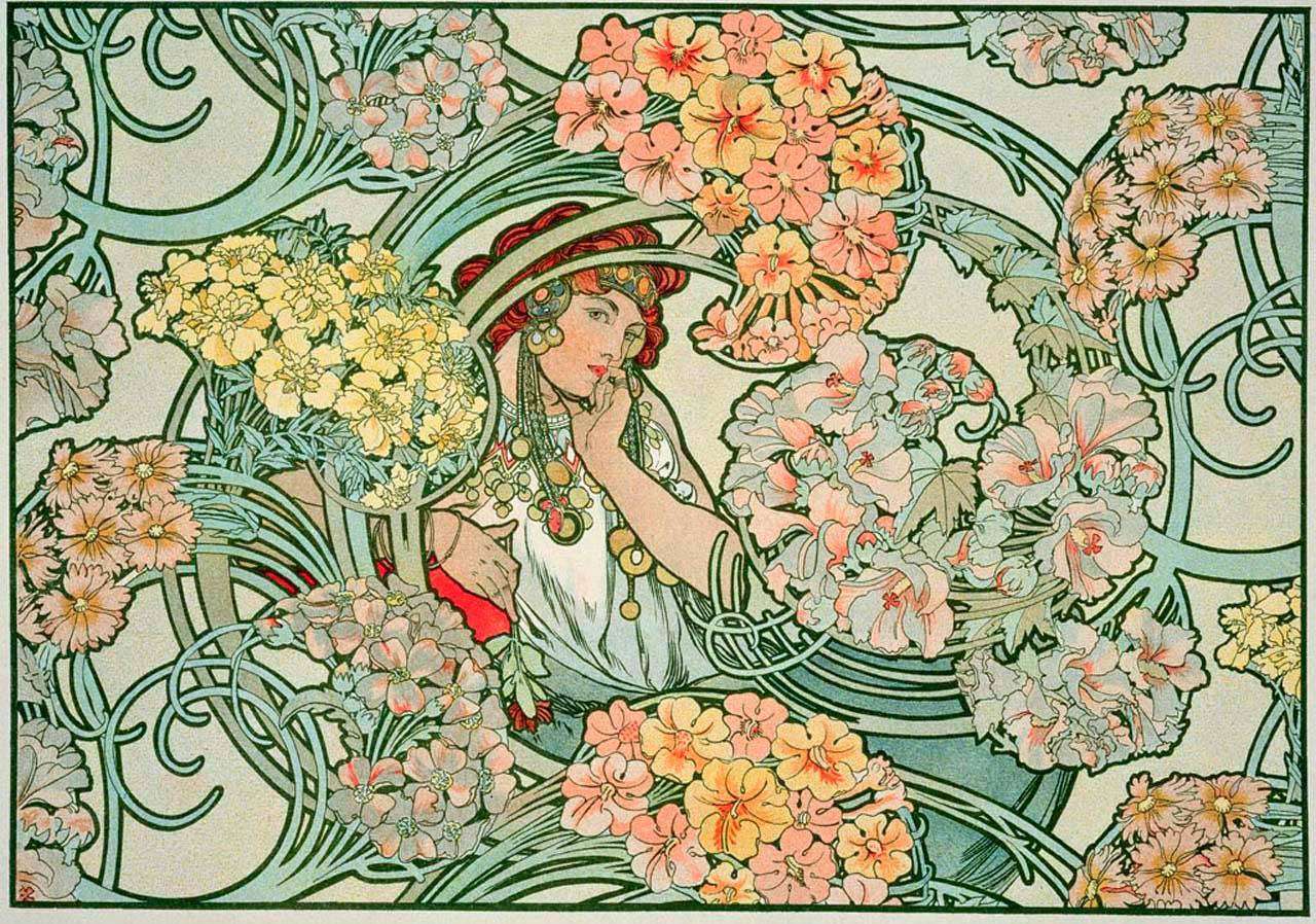 Фотообои в интерьере альфонс мариа муха - девушка в цветнике  8-209 фото