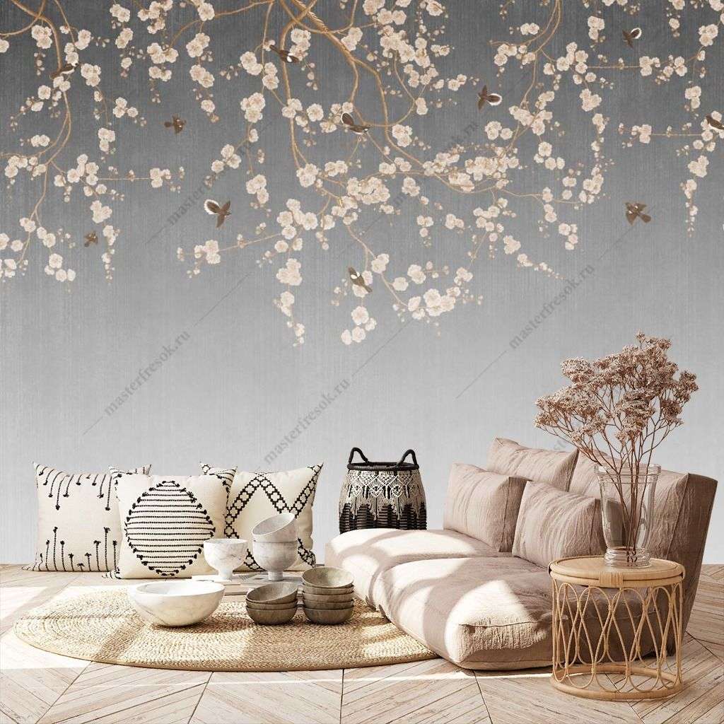 Фотообои в интерьере веточка сакуры и птицы  9-1481 фото