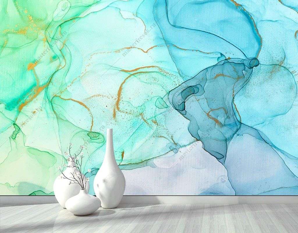Фотообои в интерьере флюид арт зеленый с голубым  9-1788 фото