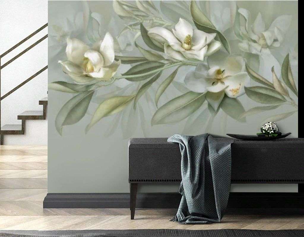 Фотообои в интерьере цветы на оливковом фоне  14-799 фото