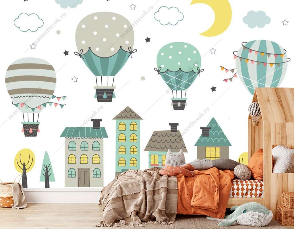 Фотообои Бесшовные обои на стену:  Воздушные шары над городом. Артикул: 14-373  