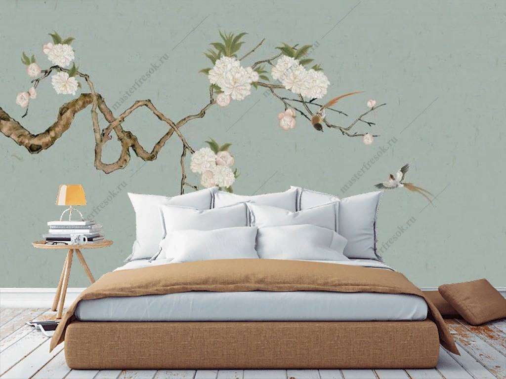 Фотообои в интерьере веточка цветущего миндаля  15-900 фото