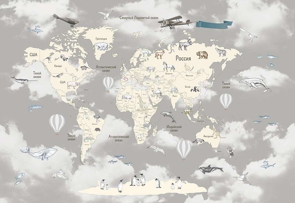 Фотообои в интерьере белая карта с названиями стран  14-282 фото