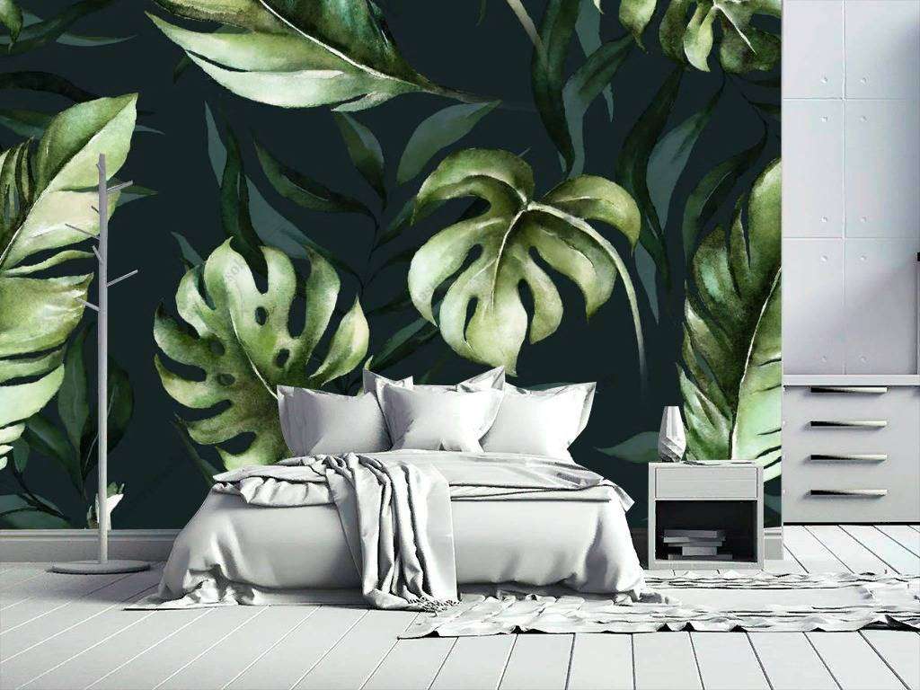 Фотообои в интерьере листья монстеры на черном фоне  9-1211 фото