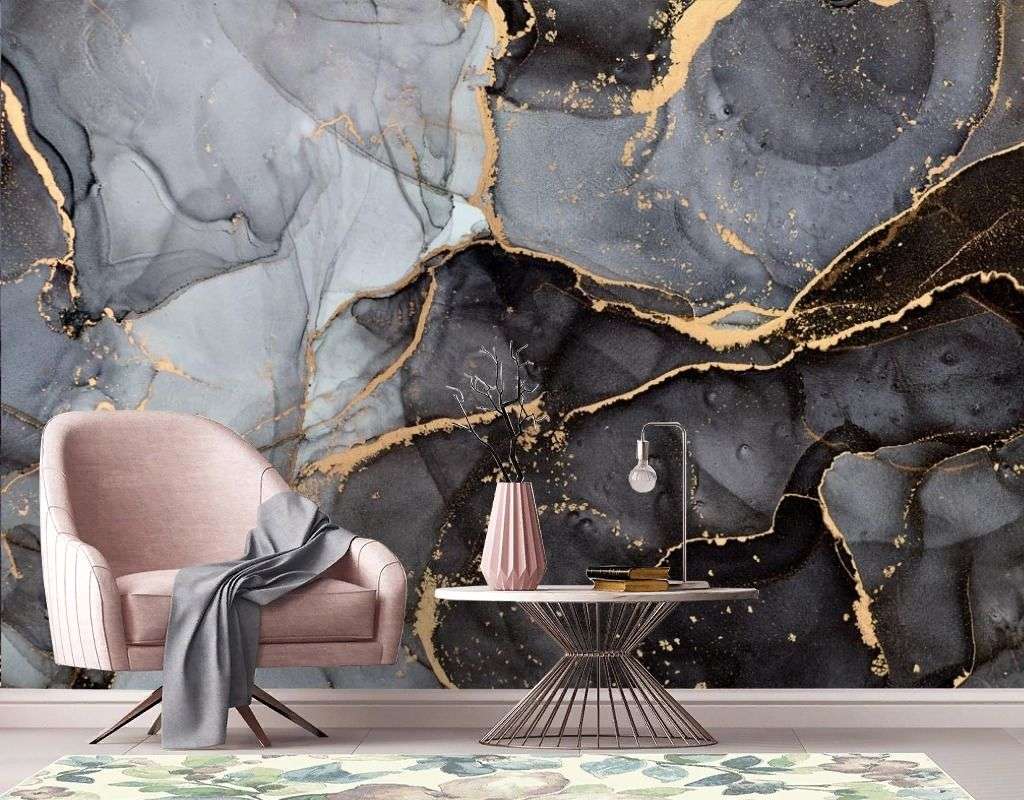 Фотообои в интерьере мрамор золото на черном  9-2054 фото