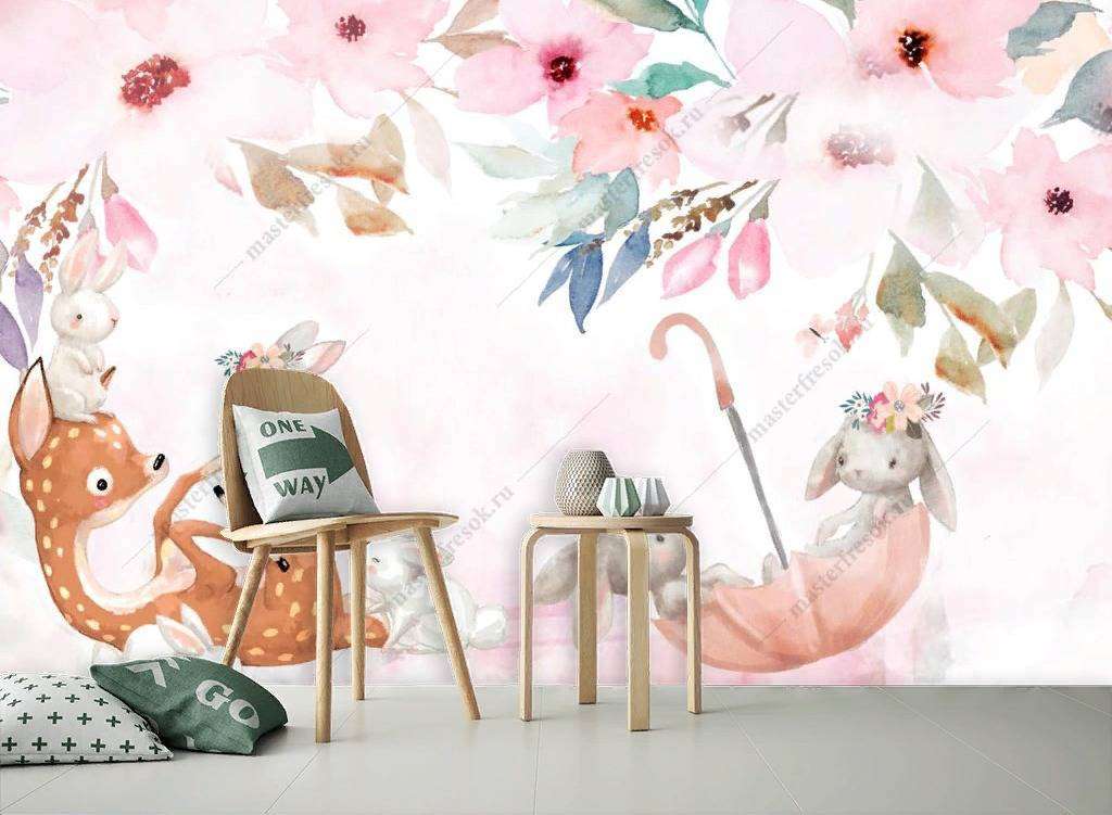 Фотообои в интерьере зайка в зонтике  13-215 фото