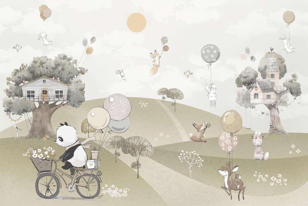 Фотообои в интерьере мишка на велосипеде на полянке  12-1503 фото