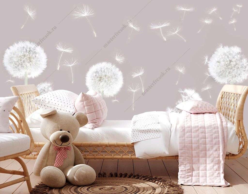 Фотообои в интерьере нежные одуванчики пудровый фон  12-1518 фото