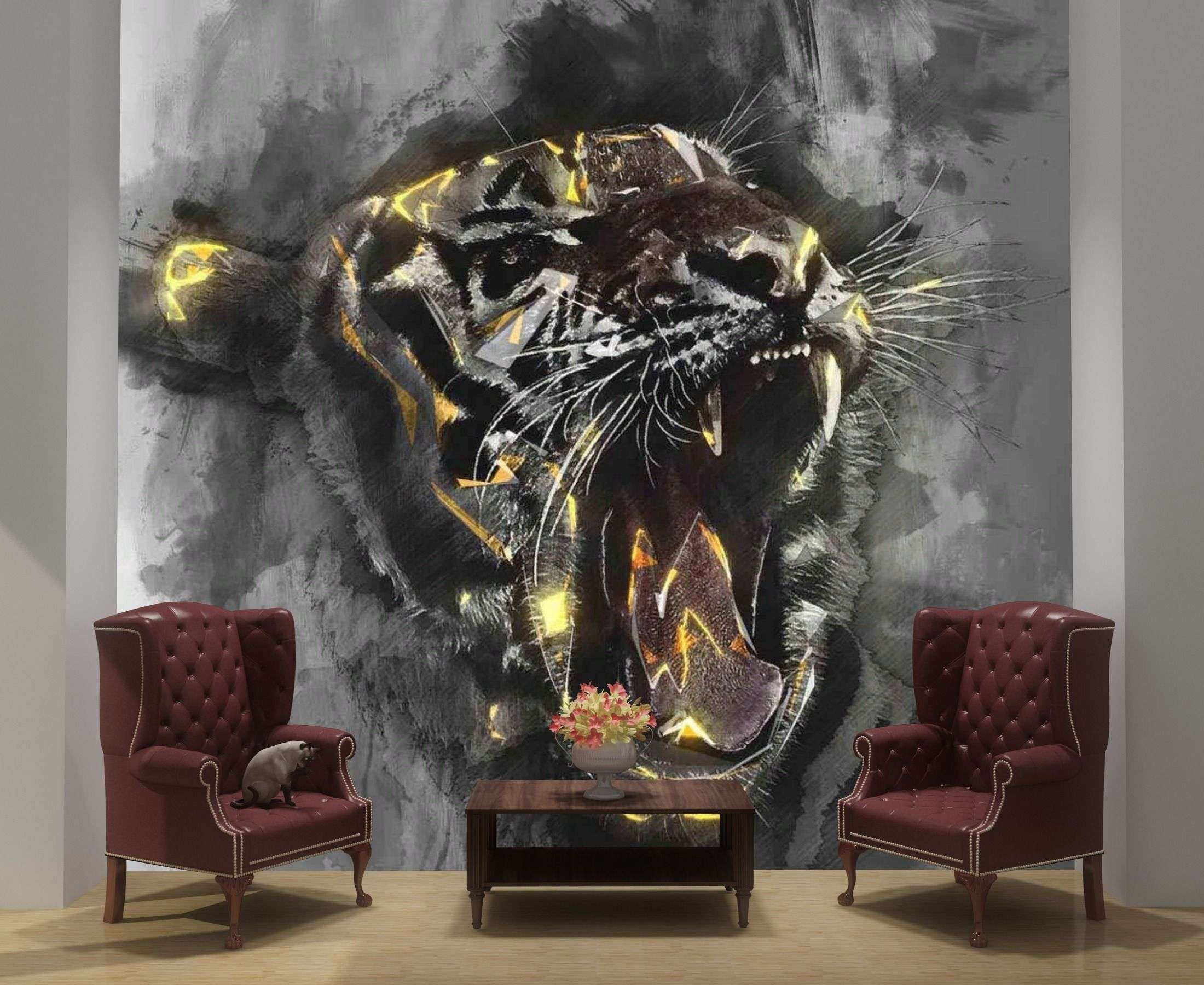 Фотообои в интерьере оскал золотого тигра  17-4295 фото