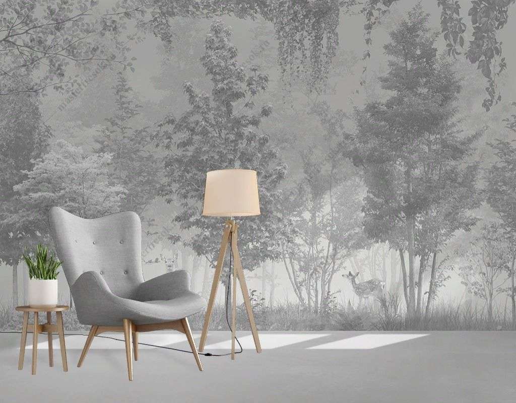 Фотообои в интерьере серый лиственный лес с оленями  9-1828 фото