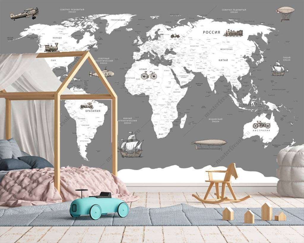 Фотообои в интерьере карта мира белая на сером фоне  12-988 фото