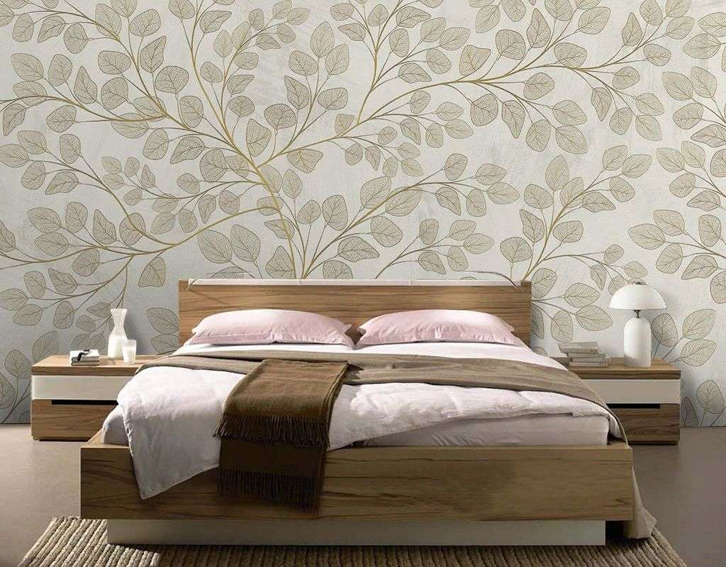 Фотообои в интерьере в спальню фон с листочками  9-1979 фото