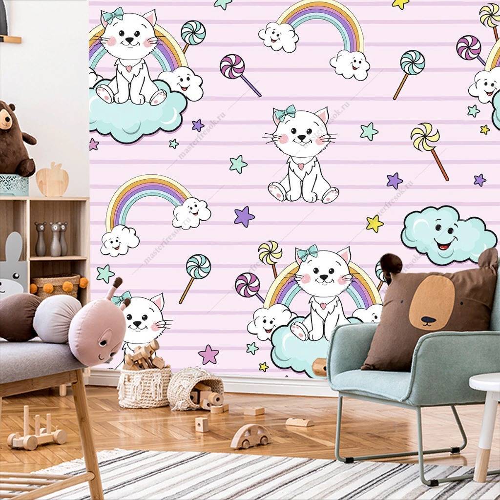Фотообои Котята на облаках на розовом фоне  12-414
