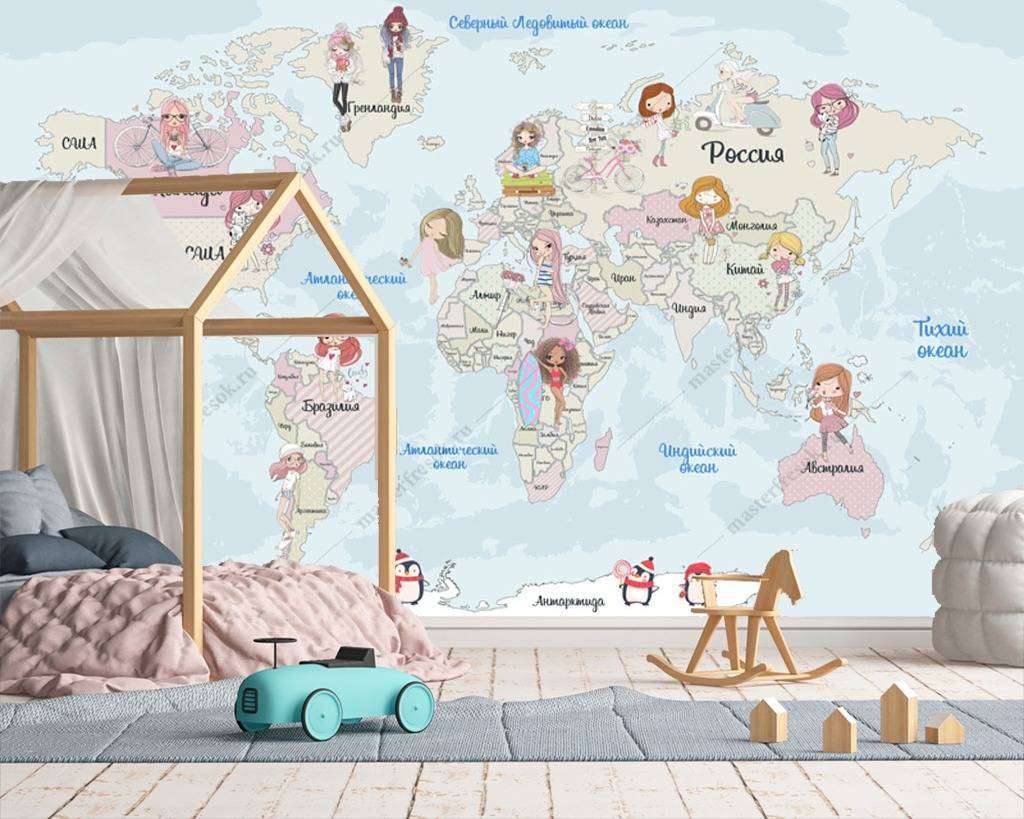 Фотообои в интерьере карта с девочками  12-994 фото
