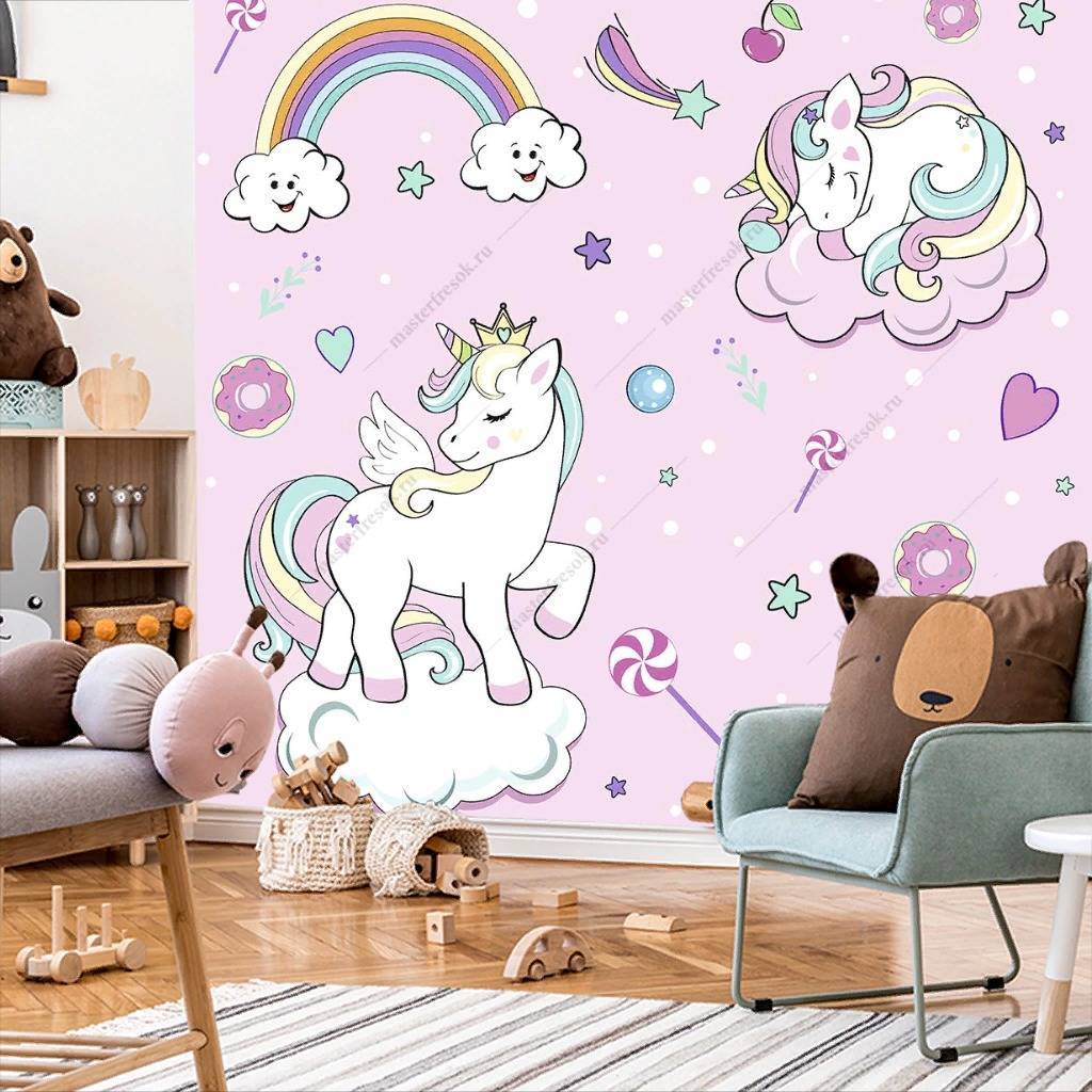 Фотообои Единорог на облаках на розовом фоне  12-416