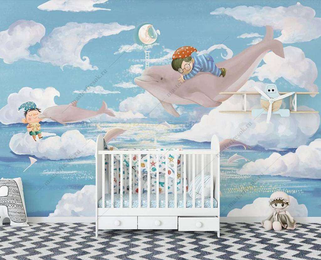 Фотообои в интерьере мальчик на дельфине  16-017 фото