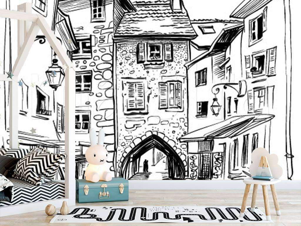 Фотообои в интерьере домики рисунок графика  12-500 фото