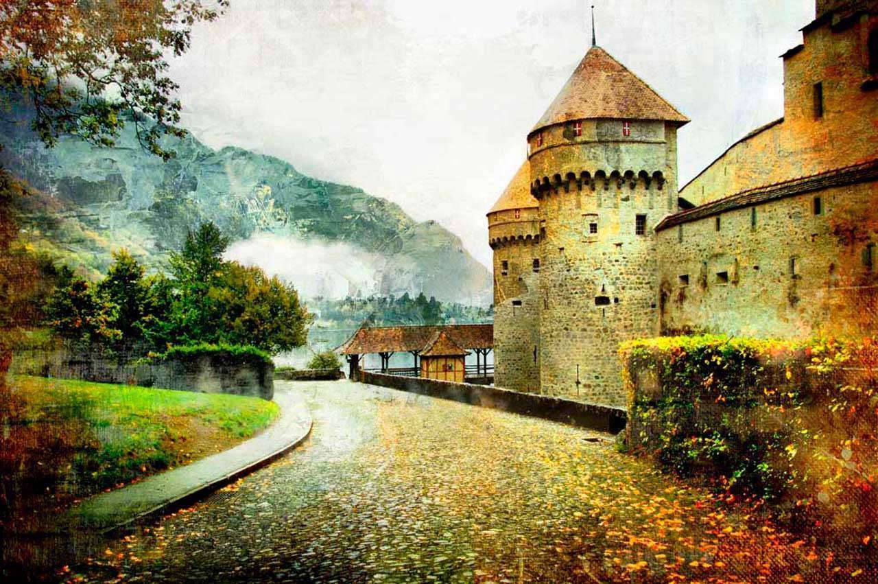 Фотообои в интерьере улочка ведущая в горы через замок  11-101 фото