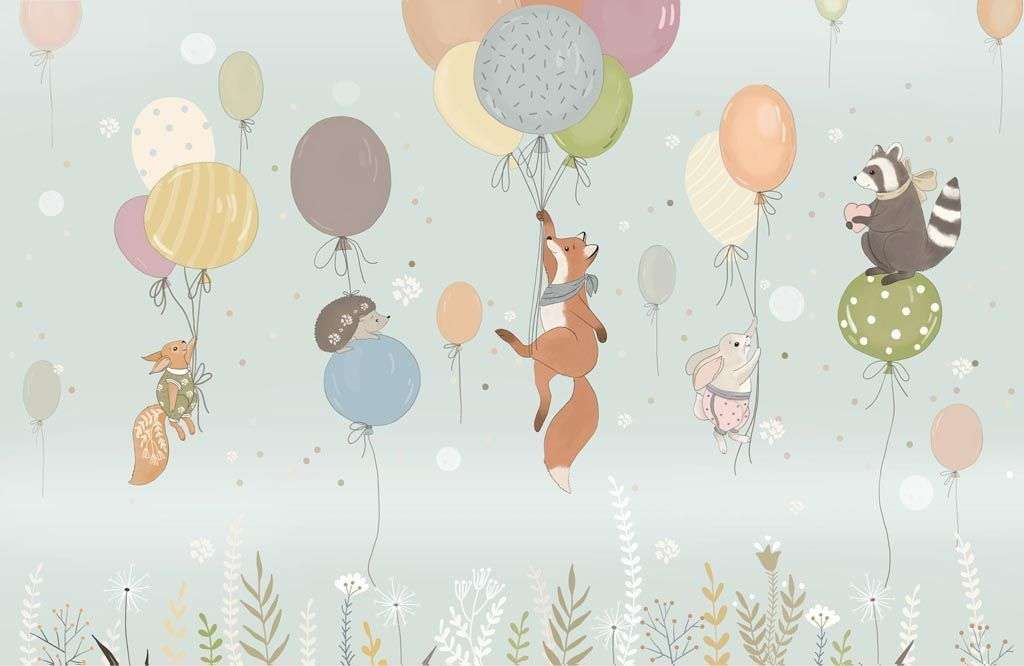 Фотообои в интерьере лисичка с друзьями на шариках  14-680 фото