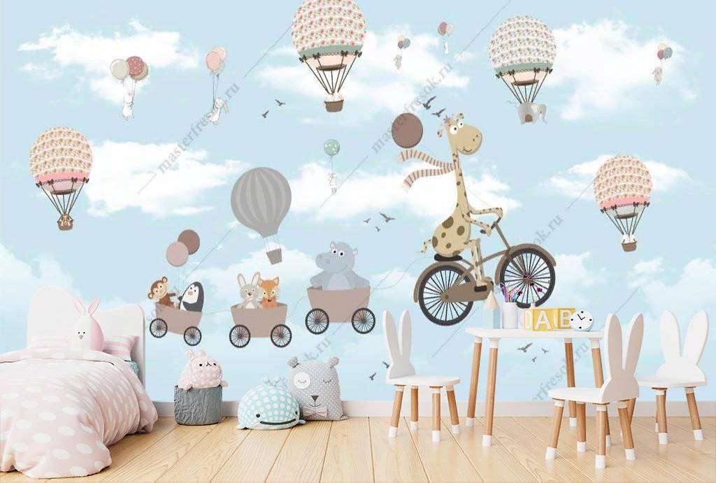 Фотообои в интерьере веселые зверята на велосипеде  12-1196 фото