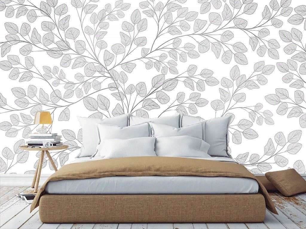 Фотообои в интерьере в спальню листочки серые на белом фоне  9-1982 фото