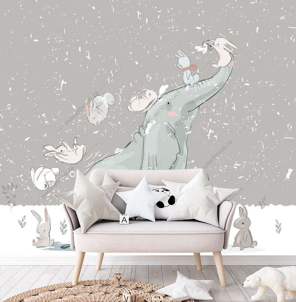 Фотообои в интерьере слоник и зайки  14-215 фото