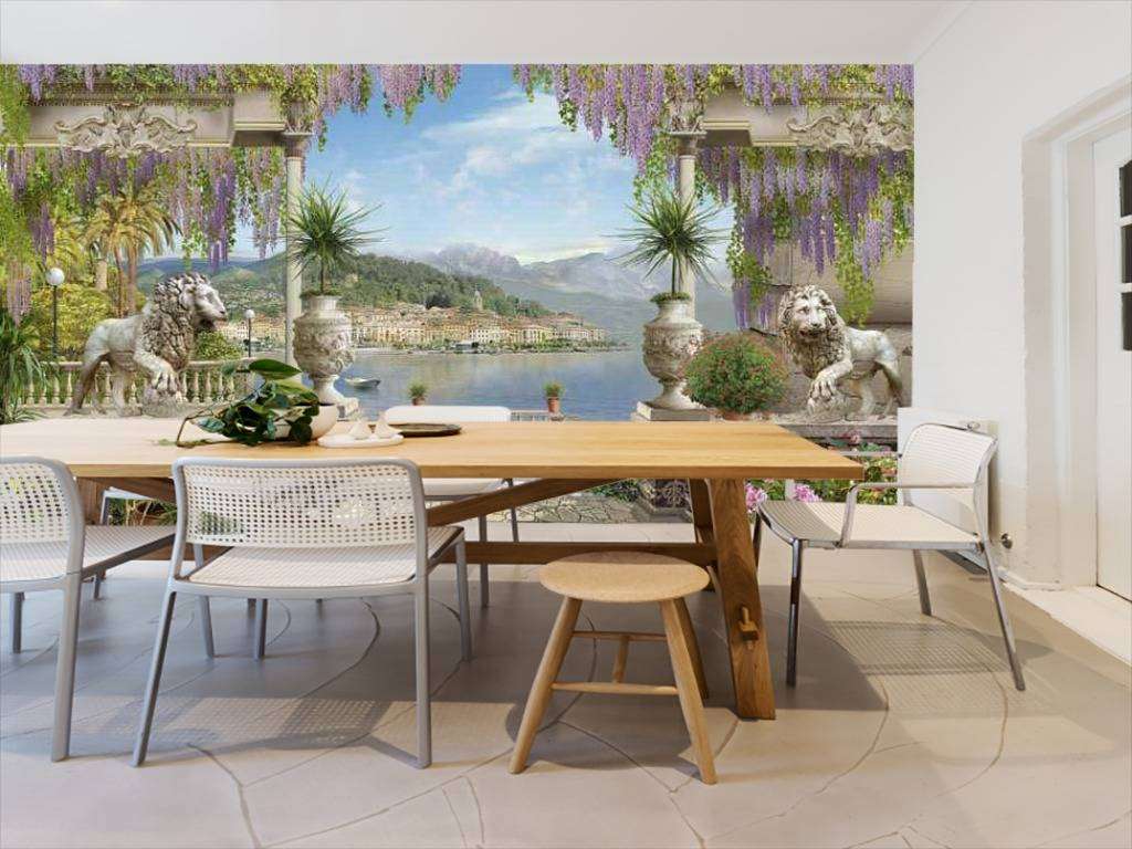 Фотообои в интерьере терраса со статуями львов  17-0097 фото