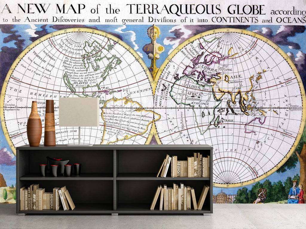 Фотообои в интерьере старая карта континентов  9-426 фото