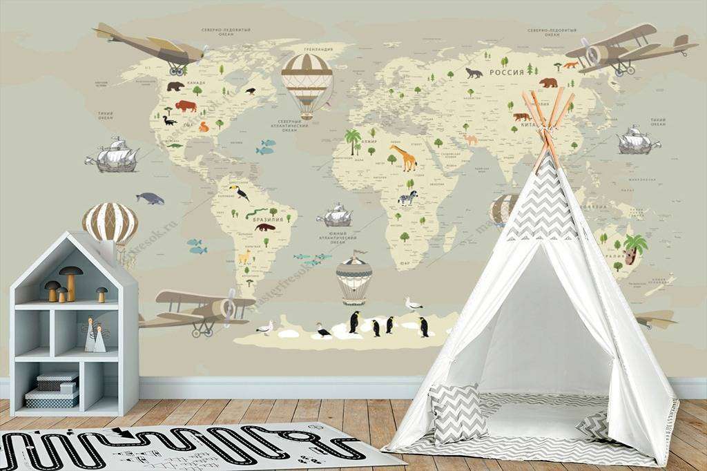 Фотообои в интерьере карта мира детская бежевая  12-974 фото