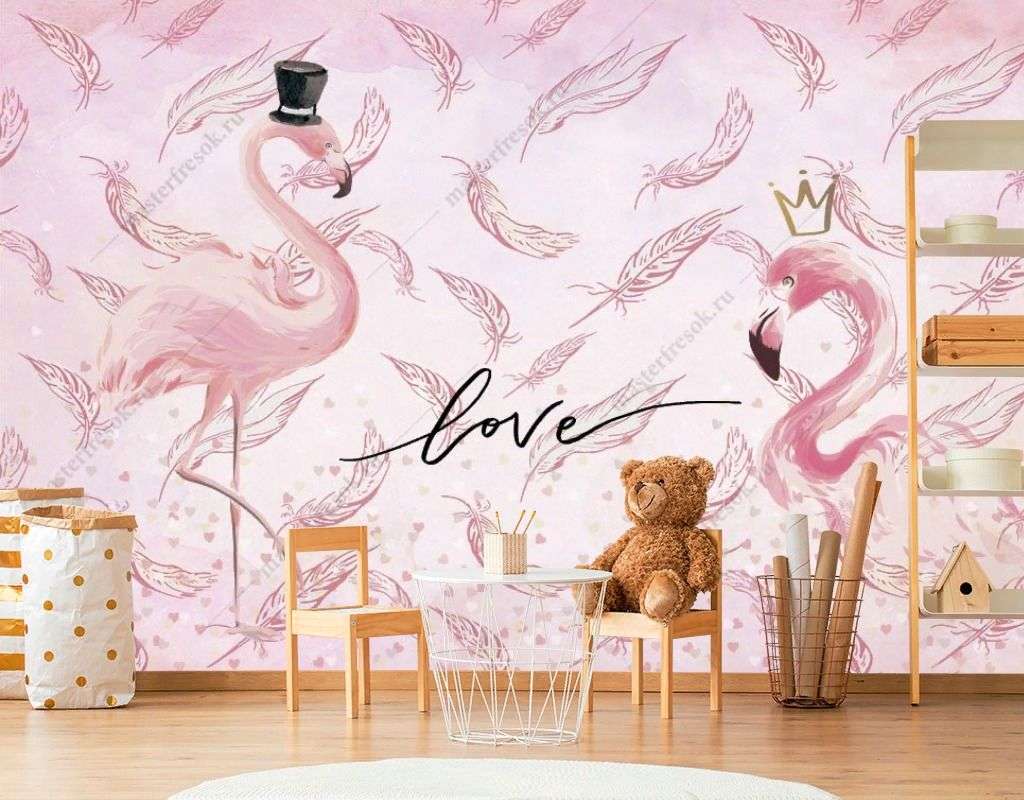 Фотообои в интерьере розовые фламинго  14-391 фото