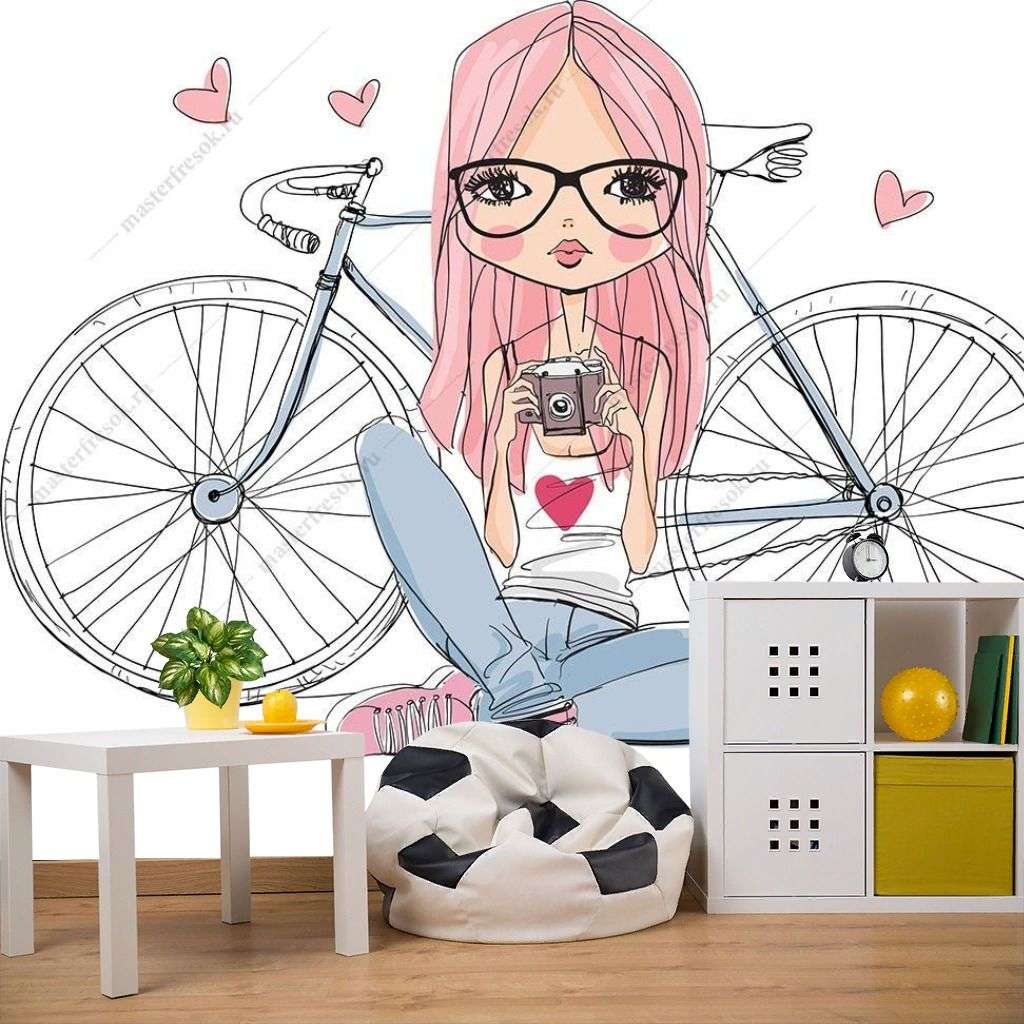 Фотообои в интерьере девочка с камерой и велосипед  12-1259 фото