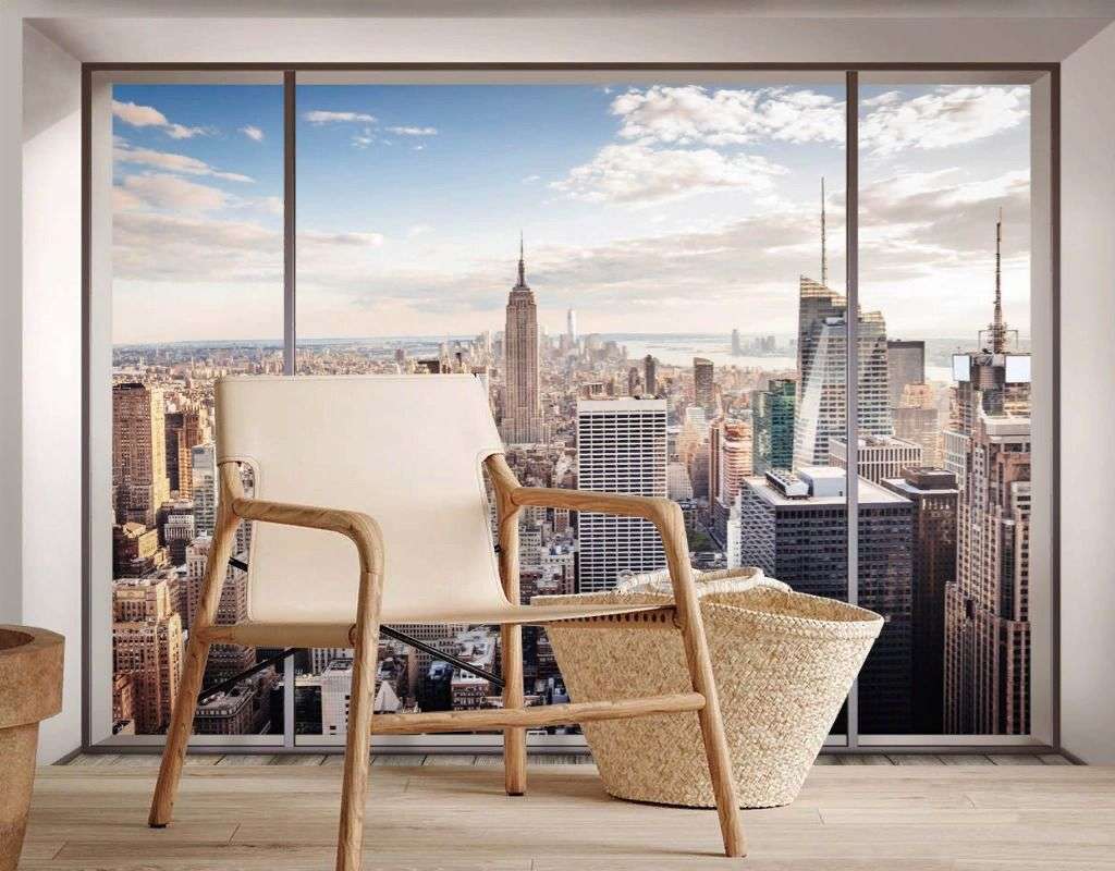 Фотообои в интерьере окно с видом на мегаполис  19-0067 фото